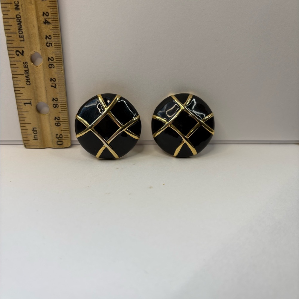 Black and Gold Round Clip on Earrings